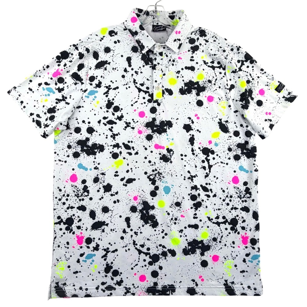 Sunday Swagger Polo Shirt Men Large White Neon Splatter Performance Stretch Golf - Picture 2 of 10